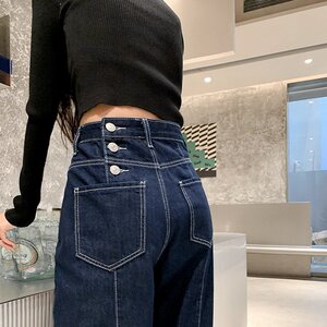 牛仔侧边腰三纽扣宽松韩版女士阔腿裤2022年春款显瘦直筒时尚长裤