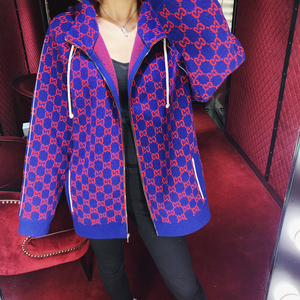 gucci古奇2020早春款外套女双g深蓝色羊毛连帽拉链夹克