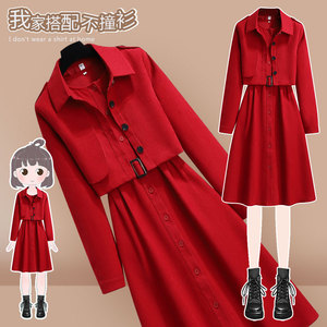 拜年服春节套装女新年小红裙战衣过年喜庆女装衣服战袍红色连衣裙