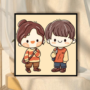 数字油画手工 diy复古风情侣头像手绘油彩三联装饰画田园复古风