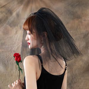 仙美多层网格小头纱短款白黑色头纱复古新娘造型头饰网红领证拍照