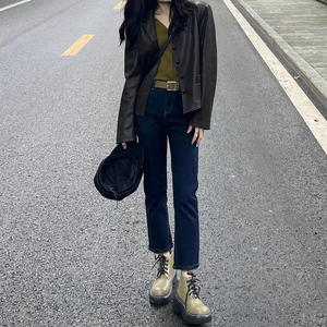 小个子深蓝弹力九分烟管裤女秋搭配马丁靴21年新款显瘦直筒牛仔裤