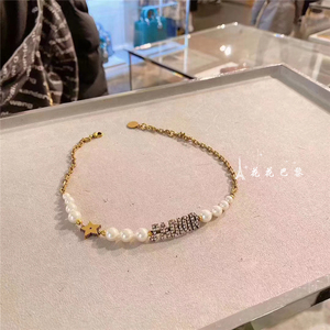 dior迪奥jadior短项链女复古金色珍珠镶钻星星项圈锁骨项链