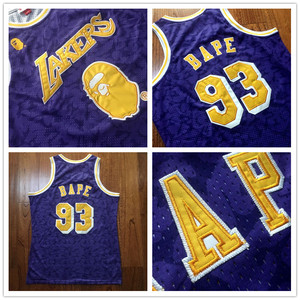 密绣版湖人队93号bape猿人头联发复古球衣网眼背心刺绣篮球服紫色