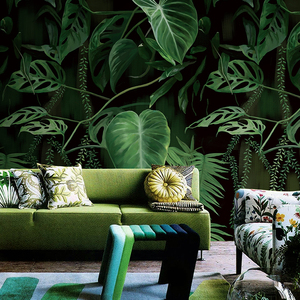 手绘东南亚热带雨林深色墙纸卧室客厅电视背景墙壁纸墙布森林壁画