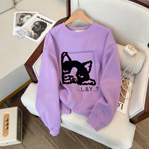 紫色猫咪圆领卫衣女秋冬2022新款宽松美式复古小个子加绒加厚上衣