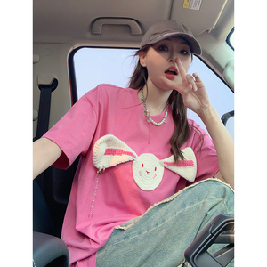 粉色立体兔子短袖t恤女夏2024新款设计感小众网红正肩半袖上衣服
