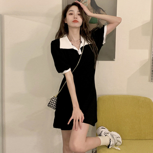 大码微胖polo领连衣裙女夏时尚气质修身显瘦短袖高腰包臂短裙女潮