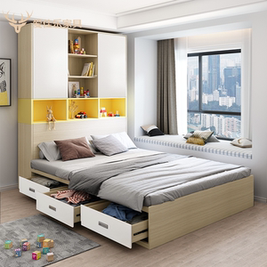 小户型气压高压储物床实木1米2单人床榻榻米衣柜一体组合箱体床