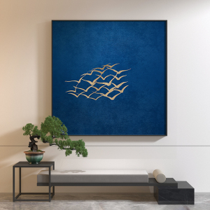 新中式轻奢装饰画蓝色抽象极简飞鸟客厅入户玄关端景背景墙壁挂画