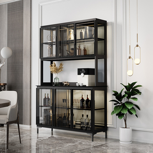 黑色餐边柜玻璃酒柜高柜靠墙现代简约轻奢家用餐厅储物柜三色灯带