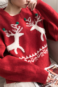 红色麋鹿圣诞毛衣女慵懒风宽松外穿2023秋冬新款小个子短款针织衫