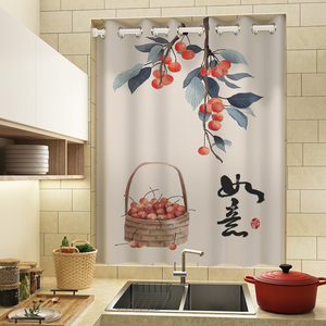 中式厨房简易小窗帘伸缩杆免打孔遮阳布卫生间厕所窗户防水遮挡帘