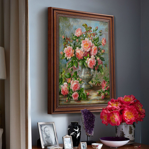 美式玫瑰过道玄关走廊壁画鞋柜橱柜上花卉油画欧式九斗柜上的挂画