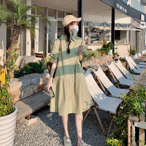 绿色衬衫式连衣裙女夏季2024新款韩版宽松小个子显瘦不规则娃娃裙
