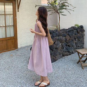 紫色无袖连衣裙女夏季2024新款韩系高腰海边度假小个子超仙背心裙