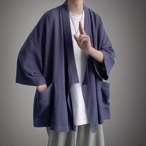 日系复古棉麻道袍外套男宽松山本风七分袖开衫夏季慵懒风短袖衬衫