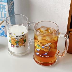 韩国设计师款猫咪虎饮料杯大容量玻璃杯可爱水杯奶茶啤酒卡通杯子