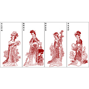 古代仕女四大美女剪纸打印底稿中国风花鸟窗花手工刻纸素材练习图