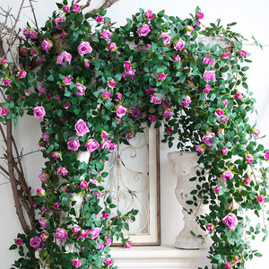 仿真玫瑰假花藤蔓家居室内阳台管道缠绕装饰遮挡绿植绿叶塑料藤条
