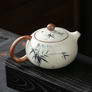 米黄汝窑茶壶手绘青花瓷陶瓷单个壶家用小号西施壶功夫茶具泡茶器