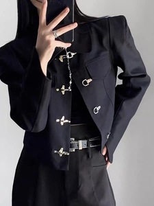 山本耀司黑色酷飒短款西装外套秋新中式设计感上衣女裤子两件套装