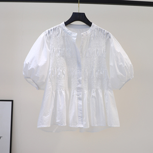 圆领灯笼袖白色棉衬衫女皮褶皱设计宽松衬衣2024夏季时尚百搭小衫
