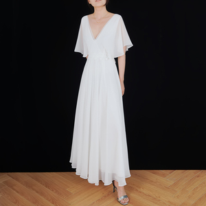 新奶凶裙v领白色连衣裙女仙 气质仙女裙长款超仙微透裙子过膝长裙