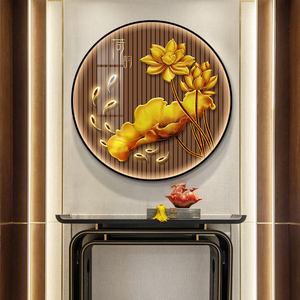 夏洛美家荷花九鱼图玄关画圆形新中式装饰画餐厅挂画中国风花鸟画