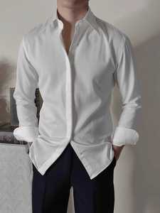 意式尖领白色修身长袖衬衫男纯色英伦微宽松免烫高级感商务衬衣潮