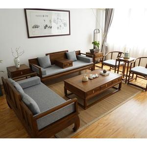 新中式实木客厅沙发茶几组合中国风禅意三人罗汉床胡桃色别墅家具
