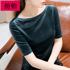 金丝绒短袖t恤女夏款高端复古一字领设计感小众上衣修身显瘦体恤