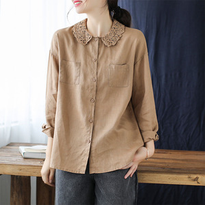 亚麻长袖大码衬衫女秋款文艺复古花边领上衣宽松显瘦休闲百搭衬衣