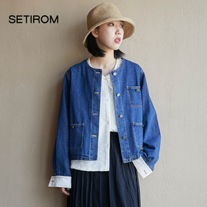 西町村屋setirom春2022新款复古工装无领牛仔外套休闲拼接上衣女
