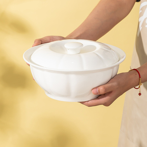 9英寸家用大号汤碗带盖品锅创意纯色汤盆配汤勺陶瓷餐具盛粥大碗