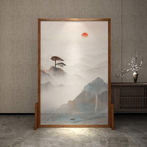 新中式水墨山水图实木玄关客厅遮挡茶室禅意落地移动隔断屏风座屏