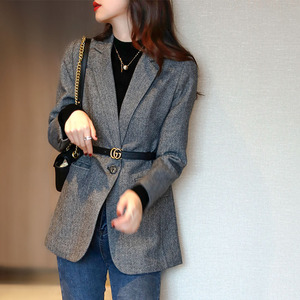 灰色人字纹西装外套女2021春季新款气质修身显瘦一粒扣小个子西服