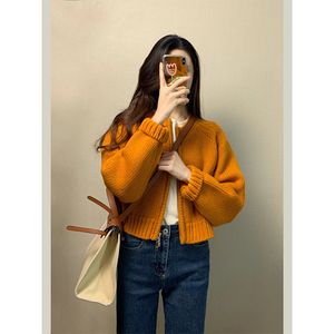 韩版复古橘色拉链长袖针织毛衣女秋冬宽松显瘦短款百搭开衫上衣潮