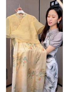 新中式连衣裙国风套装夏季新款古装裙子大码胖mm旗袍改良汉服上衣