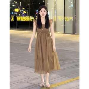 小个子飞飞袖连衣长裙女夏季2024新款韩版高腰显瘦遮肚雪纺长裙子