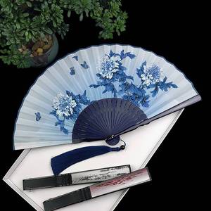 扇子折扇中国风古风随身夏季古代汉服男女头青竹丝绸折叠扇大流苏