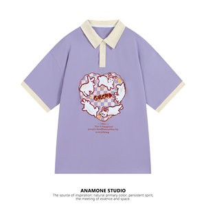 ANAMONE 紫色爱心兔子polo领短袖T恤女夏季奶甜可爱上衣oversize