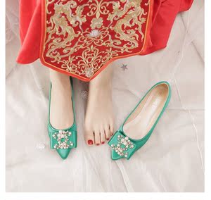 绿鞋女结婚新娘绿鞋婚鞋结婚出门绿鞋婚鞋绿色上车鞋平底尖头单鞋