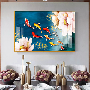吃饭厅装饰画九鱼图风水招财挂画餐厅餐桌背景墙画晶瓷画镶钻壁画