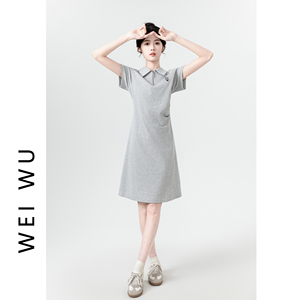 灰色半拉链连衣裙女夏2024新款美式设计感收腰显瘦中长款POLO裙子