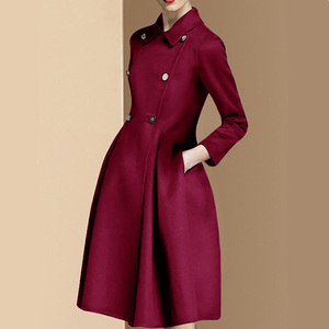 秋冬新款枣红色收腰显瘦毛呢外套女中长款赫本风气质双面呢子大衣