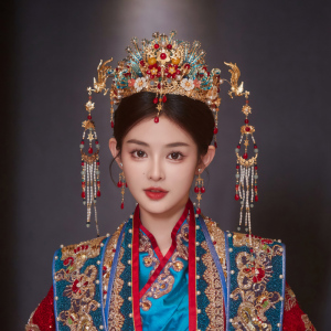 中式古风景泰蓝凤冠新娘头饰流苏古典秀禾服古装汉服大气发饰套装