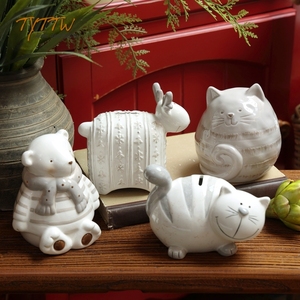 可爱卡通猫咪彩色陶瓷动物玩偶摆放手工绵羊桌面装饰储钱罐礼物