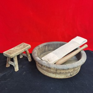 民俗怀旧老物件木盆搓衣板棒槌小板凳农村洗衣工具老农具摆件道具