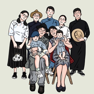 手绘头像合照全家福四世同堂聚会朋友定制卡通家庭动漫画真人照片